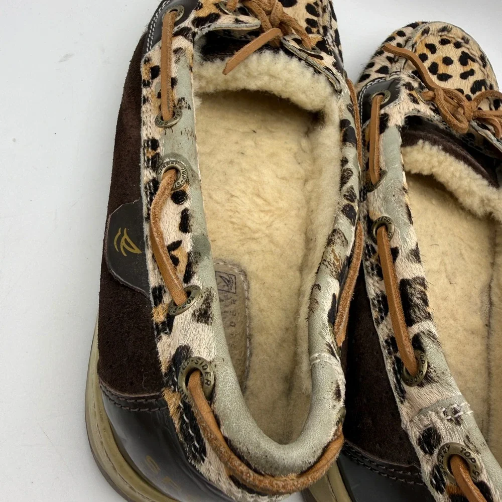 Sperry Boat Shoes‎ Women 7M Brown Leopard Calf Hair Shearling Lined 9102427